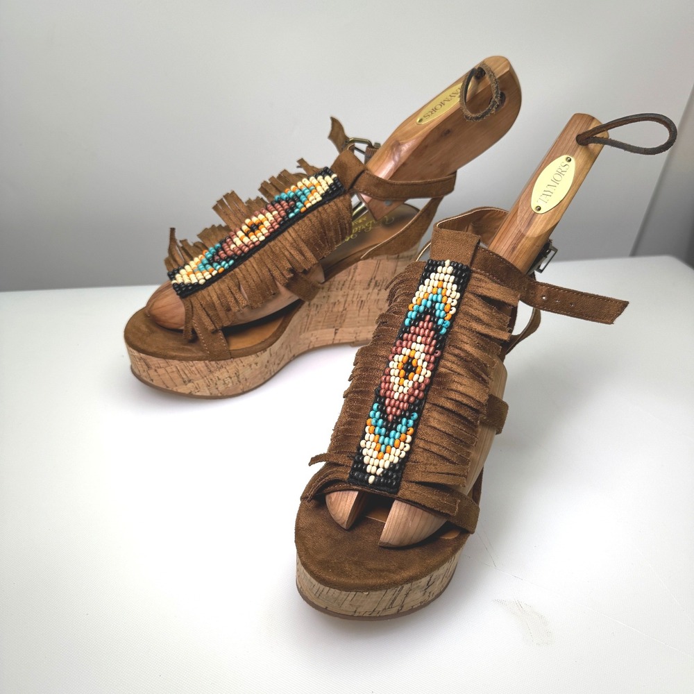 Ariat Unbridled Wedge Sandals Women 6.5 Brown Beaded Fringe Cork Platform - Picture 2 of 12